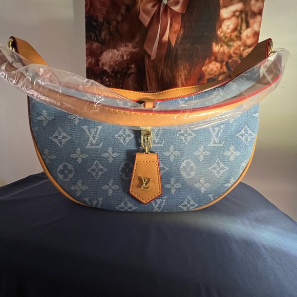 Blue Denim Monogram Shoulder Bag with Tan Trim - Picture 2 of 8